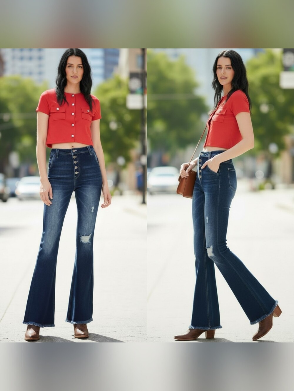 Kancan 5/26 high rise flare jeans dark wash raw hem blue button fly oversized